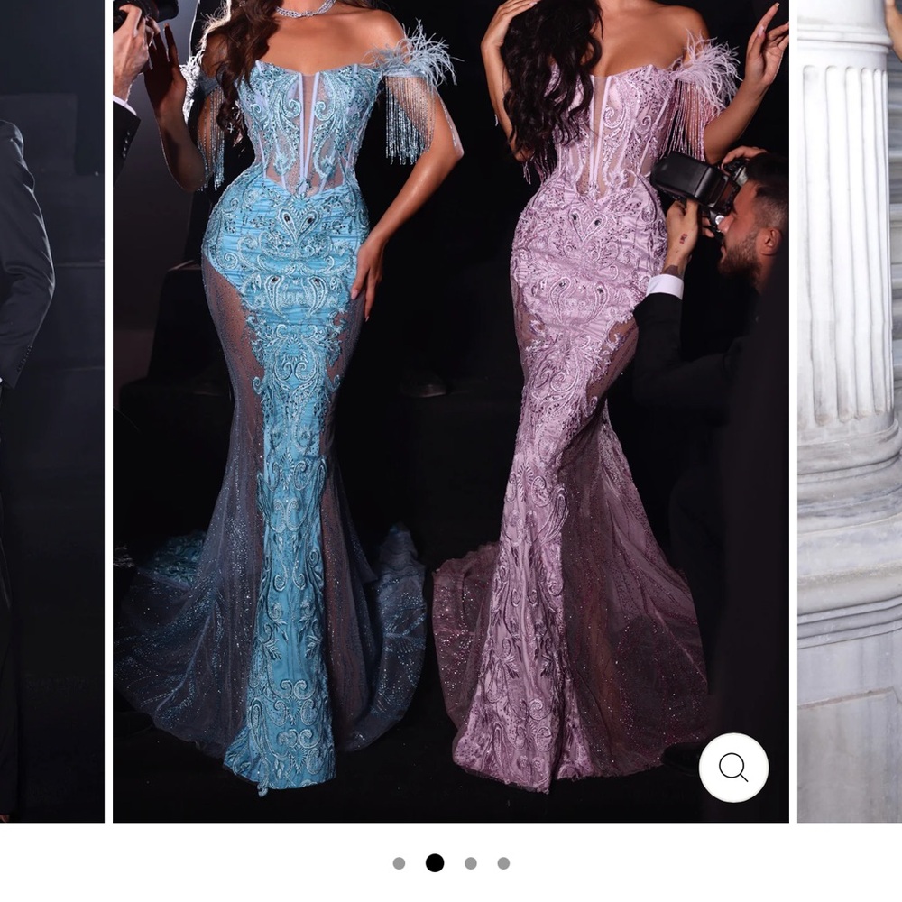 Portia and Scarlett Blue and Purple Feathered Lace Gowns